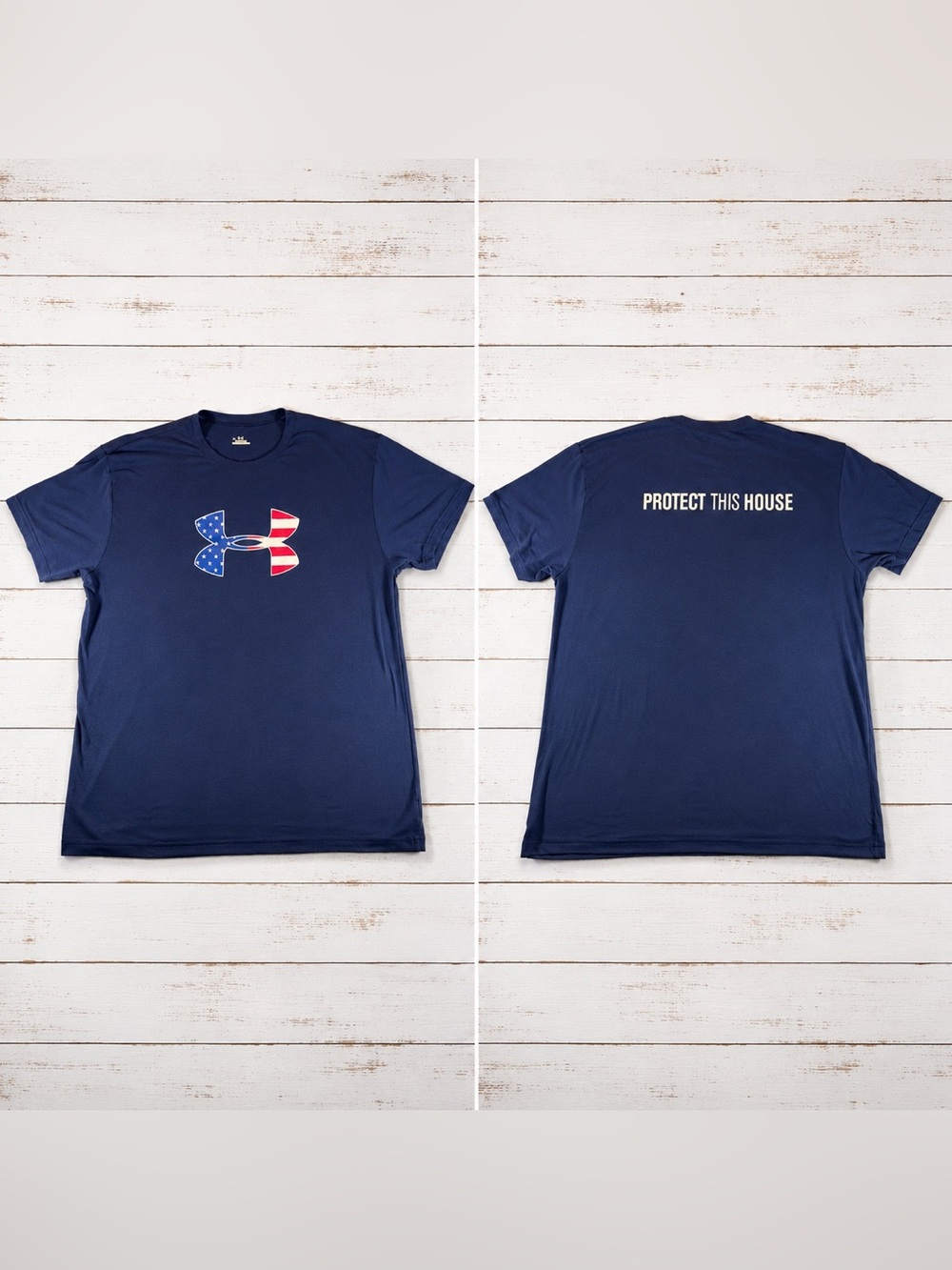 Under Armour HeatGear Protect This House USA Flag Logo Tee Shirt XL Blue
